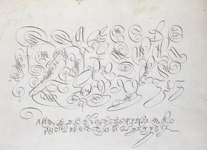 Fransk kalligrafi: Plate med kapital, gravering av Frisius, kongens kalkograf av Robert Vignon i skriftens hage rundt 1600. av French School