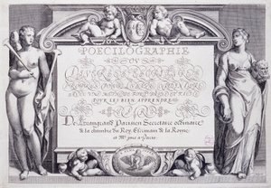 Fransk kalligrafi: Poecilography, frontispice, av Baptiste de Beaugrand i 1606. av French School
