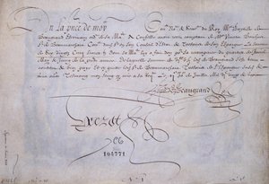Fransk kalligrafi: Recu til fordel for Bernard de Beaugrand levere 2. juli 1623. Historisk bibliotek i byen Paris. av French School