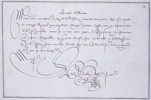 Fransk kalligrafi: Teknografi, "" eksempel på minutt"" av Guillaume Le Gangneur rundt 1599. Historisk bibliotek i byen Paris. av French School