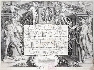 Fransk kalligrafi: Teknografi, frontispice av Guillaume the Gangneur rundt 1599. Historisk bibliotek i byen Paris. av French School