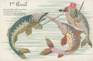 Fransk kort med fisk for å markere aprilsnarr (Poisson d#39;Avril) (chromolitho) av French School