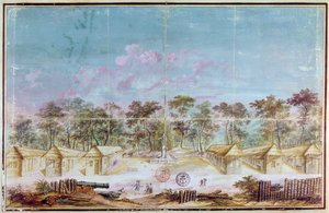 Franske kolonister bosatte seg på stranden i Kourou, Guyana i 1763 (wc på papir) av French School