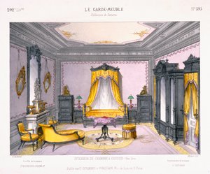 Fransk design for et interiør av et soverom i nygresk stil fra Le Garde-Meuble mønsterbok, utgitt av D Guillard, Paris av French School