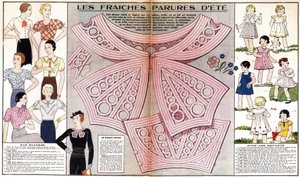 Fransk mote for sommeren 1934: feminin mote (bluser) og barnslig mote (kjoler og kostymer). I «Le petit echo de la mode» av French School