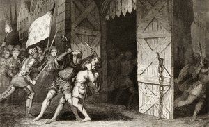 Franske riddere angriper en engelsk holdt by under 100-årskrigen, fra 