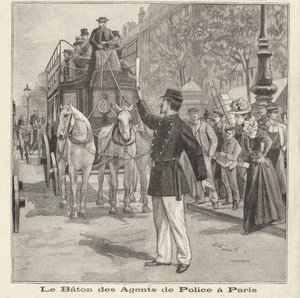Fransk politimann bruker stafettpinnen for å dirigere trafikk på gatene i Paris (gravering) av French School