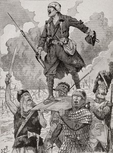 Fransk propagandaplakat med tittelen "On Les Aura", eller We Will Have Them. Fire soldater fra forskjellige historiske perioder bærer en såret, men trassig soldat fra første verdenskrig på et skjold. Fra Agenda Buvard du Bon Marche publisert 1917 av French School