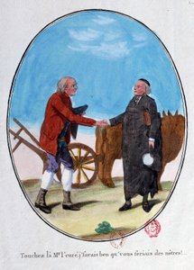 Fransk revolusjon: en bonde og en prest håndhilser. "Berør herren, jeg visste at du ville være en av oss." Tegneseriegravering fra slutten av 1700-tallet. Paris, Arsenals bibliotek av French School