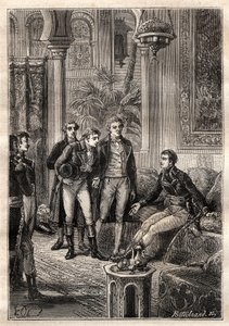 Friedrich Konrad Hornemann (1772-1801) møtte Napoleon Bonaparte i Kairo i 1797 i nærvær av Gaspard Monge (1746-1818) og Claude Louis Berthollet (1748-1822) - illustrasjon hentet fra "The Great Mariners of the 18th century" av French School