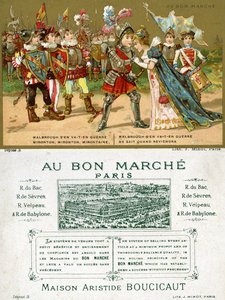 Forsiden og baksiden av et reklamekort for det parisiske varehuset Au Bon Marché, som viser en av de mest populære folkesangene på det franske språket, Marlbrough sen va-t-en guerre (Marlborough