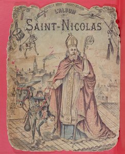 Forside på et bildealbum som viser St. Nicholas som bringer gaver til barna, sent på 1800-tallet (fargegravering) av French School