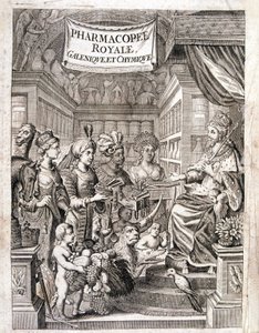 Frontispice av "" Pharmacopoeia royal, galenic and chymic"" av Morse Charas, apotek ved Royal Garden of Plants i Laurent d'Houry, Paris. 1 versjon 1691 og 1 versjon 1753 av French School