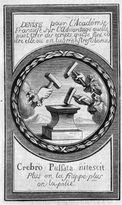 Frontispice of the "Factums" mot det franske akademiet av Antoine Furetiere (1619-1688). Gravering fra 1860. av French School
