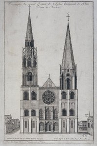 Frontispice av den store portalen til Church Cathedrale de Notre Dame à Chartres, designet på stedet av Saint Vincent Geographer Engineer, sd. 1800-tallet av French School