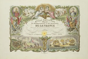 Frontispice av Atlas Nacional Illustre des 86 Departments et des Possessions de la France, av Victor Levasseur 1856 (håndfarget gravering) av French School