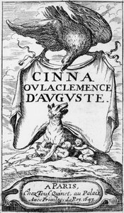 Frontispice av Cinna ou la Clemence dAuguste av Pierre Corneille (1606-84) utgitt i 1643 av French School