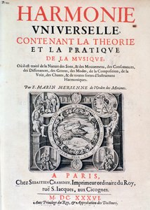 Frontispice av Harmonie universelle som inneholder teori og praksis for musikk av Marin Mersenne (Marin Mersennus eller le Pere Mersenne) (1588-1648), 1637. av French School