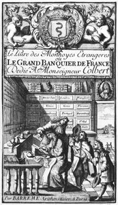 Frontispice av Le Grand Banquier de France ou Le Livre des Monnaies Etrangeres av Bertrand Francois Barreme (1640-1703) sent på 1600-tallet av French School