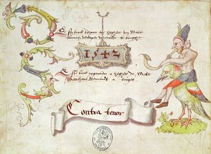Frontispice av Recueil de chants religieux et profanes II som viser en mann som spiller et buet blåseinstrument, rir på en fugl, kontratenorparti, 1542 av French School