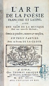 Frontispice av kunsten til fransk og latinsk poesi, med en idé om musikk under en ny metode av Pherotee La Croix av French School