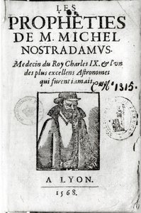 Frontispice til Les Propheties de M. Michel de Nostradamus (1503-66), med et portrett av Nostradamus, utgitt i Lyon 1568 av French School