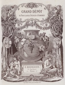 Frontispice til katalogen til Grand Depot de Porcelaines, Faiences et Verreries (farge litho) av French School