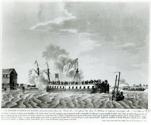 Fultons dampdrevet krigsskip, Fulton the First, designet og bygget av Robert Fulton for forsvaret av New York i krigen i 1812 (bw-foto fra tidlig 1800-talls gravering) av French School