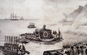 Begravelse av Napoleon I: St. Helenas avgang - tegning av Levilly, i "" Historisk maleri av Napoleons begravelse"" av M. St. Maurice, ca. 1851. av French School