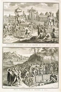 Begravelsesritualer og måten å gravlegge herrer etter deres død, i Peru, illustrasjon fra religiøse seremonier og skikker, gravert av Bernard Picart (1673-1733) 1722 av French School
