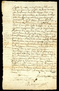 Pelshandelskontrakt mellom Francois Francoeur og fire voyagører for transport av varer og kjøp av beverpelt i Michilimackinac og Chicago, 1692 (se også 332318) av French School