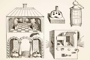 Ovner og diverse apparater brukt av kjemikere og alkymister i middelalderen, etter en gravering av Vriese, fra Science and Literature in The Middle Ages av Paul Lacroix pub. London 1878 av French School