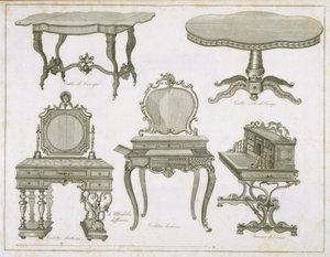 Møbeldesign av Lefevre-Chauveaux, fra Album Dessins de Meubles, svart og hvit gravering av French School