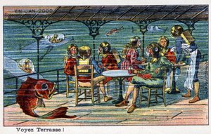 Futuredays: A Nineteenth Century Vision of the Year 2000 - Serie “” In the year 2000”: Se terrasse (under havet). Kromolitografi av Villemard av French School