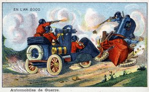 Futuredays: A Nineteenth Century Vision of the Year 2000 - Serie "" In the Year 2000": Automotive of War. Kromolitografi av Villemard av French School