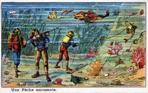 Futuredays: A Nineteenth Century Vision of the Year 2000 Series: A Fun Fishing (Under the Sea). Kromolitografi av Villemard av French School
