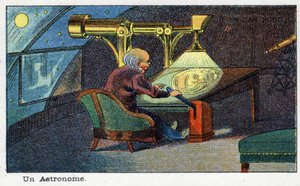 Futuredays: A Nineteenth Century Vision of the Year 2000-serien: En astronom (arbeider med et bestemt teleskop). Kromolitografi av Villemard av French School