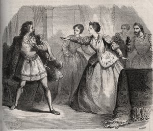 Gabrielle de Vergy bestrider forloveden sin, Eudes de Fayel, som er sjalu på vennskapet hun har med sin fetter, Albert de Nozereau. Scene av en legende fra 1100-tallet. Gravering fra 1871 i «Histoire Des Cocus Celebres»» av Henry de Kock (1819-1892). av French School