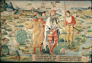 Galathes, gallernes 11. konge med et kart over Gallia bak, detalj fra et billedvev om historien til gallernes konger, Arras Workshop, ca. 1530