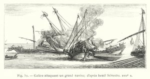 Bysse som angriper et stort skip; etter Israel Silvestre, 1600-tallet (gravering) av French School
