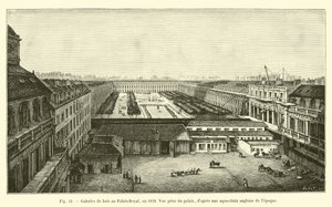 Tregallerier ved Palais-Royal, i 1828, Utsikt tatt fra palasset, etter en engelsk aqua-tinta på den tiden av French School