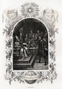 Galilea (eller Galileo Galilei (1564-1642)) foran det hellige kontor i Vatikanet”” Astronomen ble dømt av inkvisisjonsdomstolen i 1632. Gravering for å illustrere Histoire des popes av Maurice Lachatre (1814-1900), librairie du progres, Paris. av French School