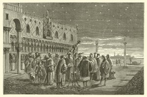 Galileo viser satellittene til Jupiter til senatorene i Venezia (gravering) av French School