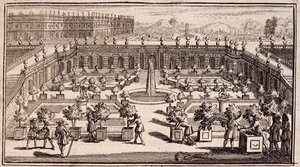 Gartnere som jobber i en appelsinhage, fra Le Parfait Jardinier, eller Instruction pour les Jardins Fruitiers et Potager, av Jean de la Quintinye, utgitt 1695 av French School