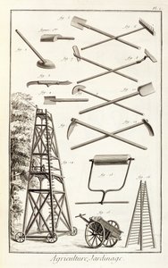 Hageverktøy og en mobil beskjæringsplattform, fra Encyclopedie des Sciences et Metiers av Denis Diderot (1713-84) utgitt ca. 1770 av French School