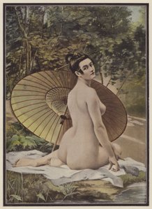 Geisha som tar et bad (farge litho) av French School
