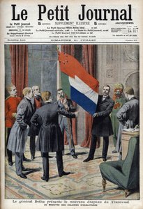 General Pieter Willem Botha (a Boer) presents the new flag of Transvaal (South Africa) to the English Colonial Minister Lord Elgin - In “Le Petit Journal” of July 21 av French School