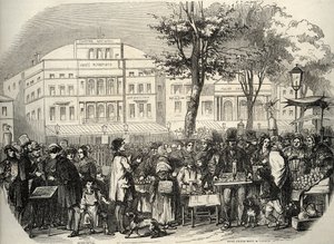 General view of the boulevard du Temple in Paris - street vendors - Paris - Vue générale du boulevard du Temple - Merchants ambulants - Engraving in “Tableau-de-Paris” by Edmond Texier 1852 av French School