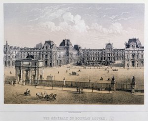 Generell oversikt over det nye Louvre: Arc du Carrousel - Gravering av 1800-tallet. av French School