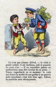 Generøsitet. Barn som gir halvparten av smaken sin til en liten tigger. Alfabetet for små gutter. Abecedary har moralsk verdi som inneholder leseøvelser. Epinal avbildning sent på 1800-tallet av French School